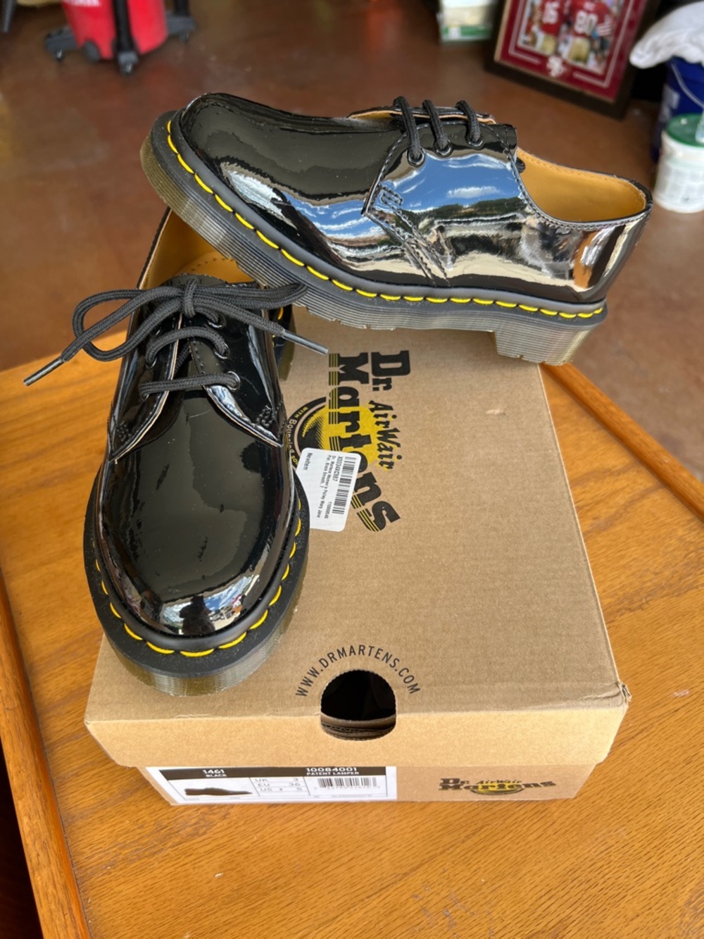 Dr. Martens Black Patent 3-Eye Derby with Yellow Stitching NEW!